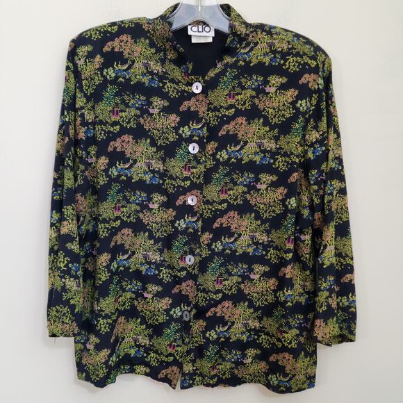Clio Vintage Asian print 3/4 sleeve button front blouse woman's size medium - Picture 1 of 9